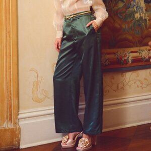 Lulus Sleek Statement Emerald Green Satin High Rise Wide-leg Trousers - Size M
